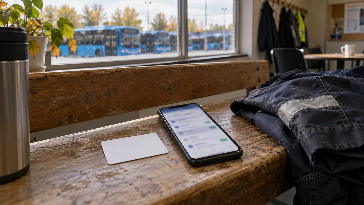Neutralt medlemskort och mobil med lånejämförelse på en bänk i ett svenskt bussgarage