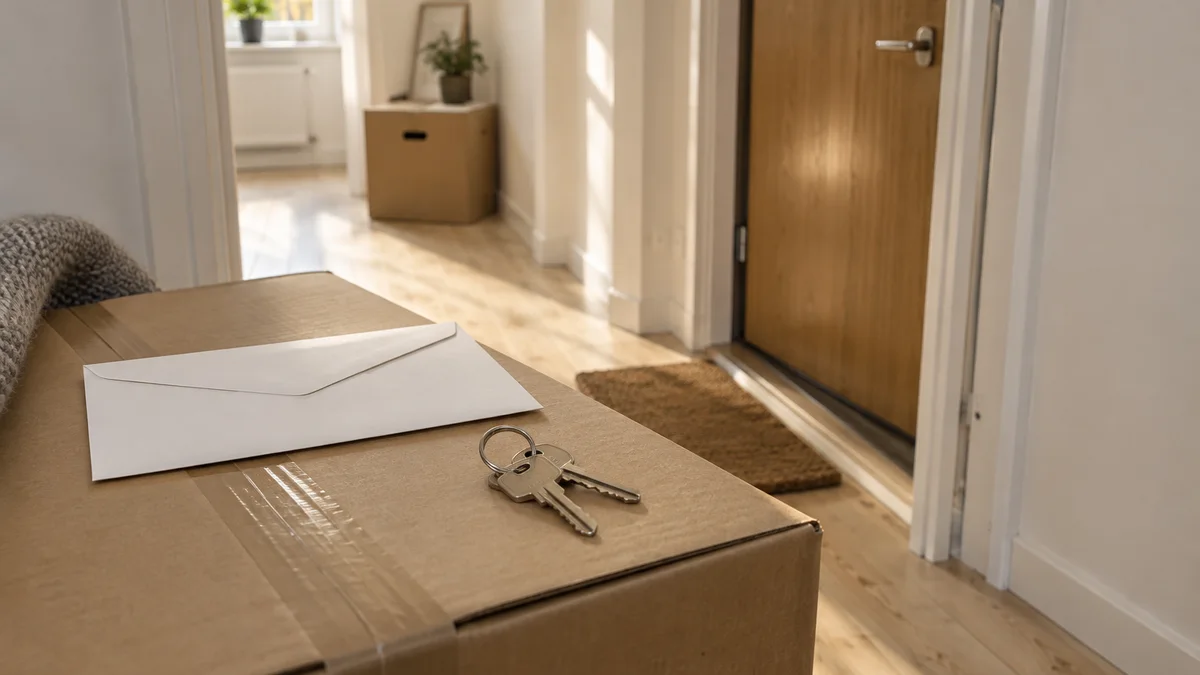 Nycklar och ett stängt kuvert på en flyttkartong i en svensk lägenhetshall inför ett bostadstillträde