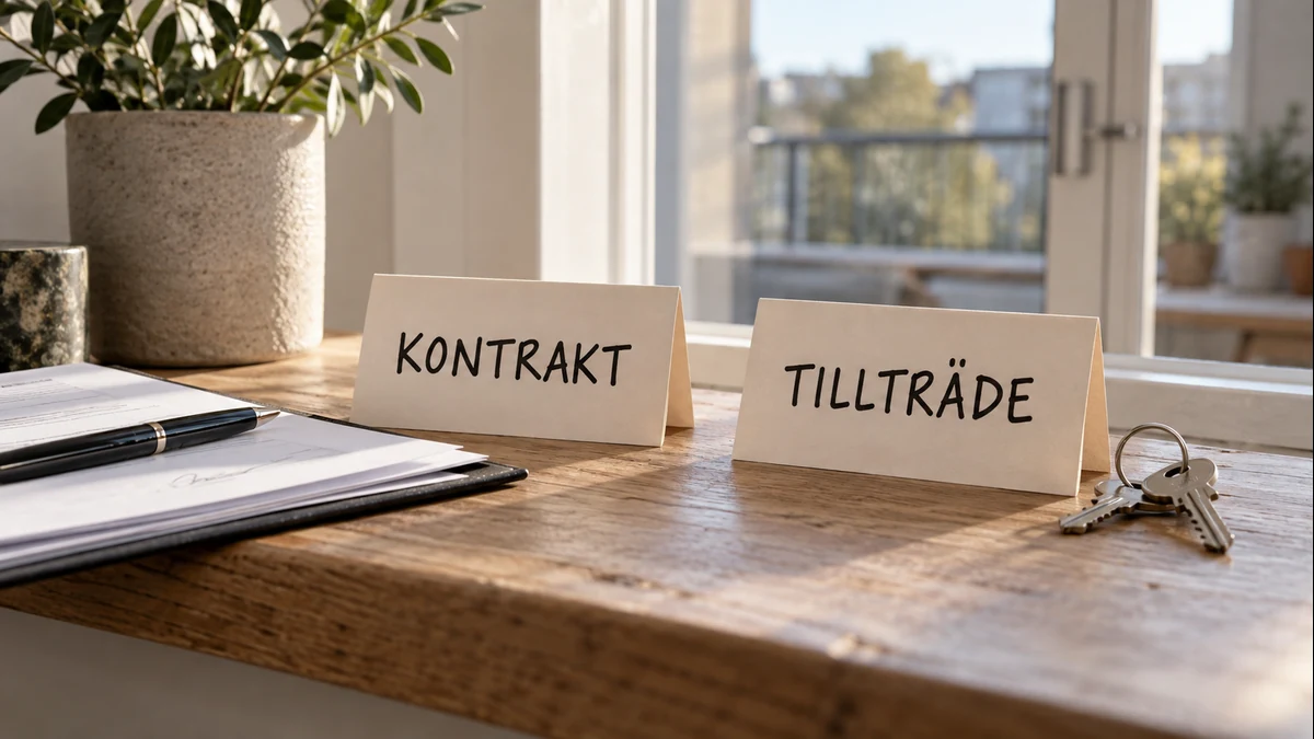 Två kort märkta Kontrakt och Tillträde på en fönsterbräda med en avtalsmapp och bostadsnycklar