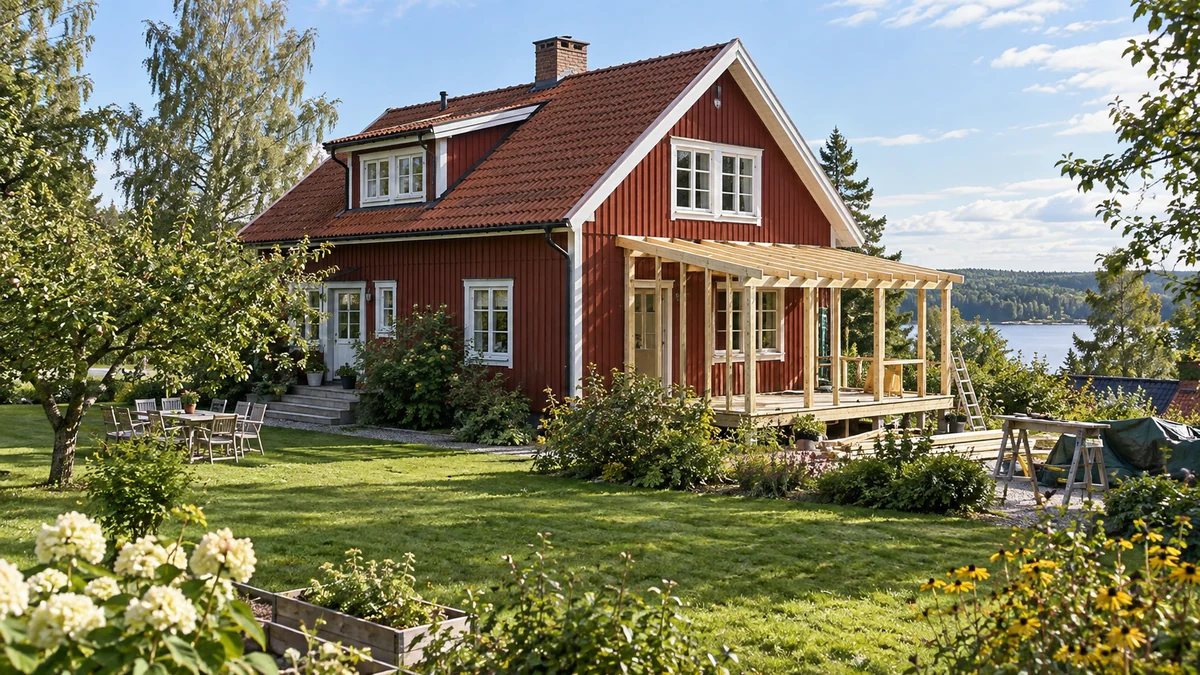 Befintlig röd svensk villa med en mindre veranda tillbyggnad, som illustrerar att tilläggslånet prövas mot hela bostadens godtagna värde