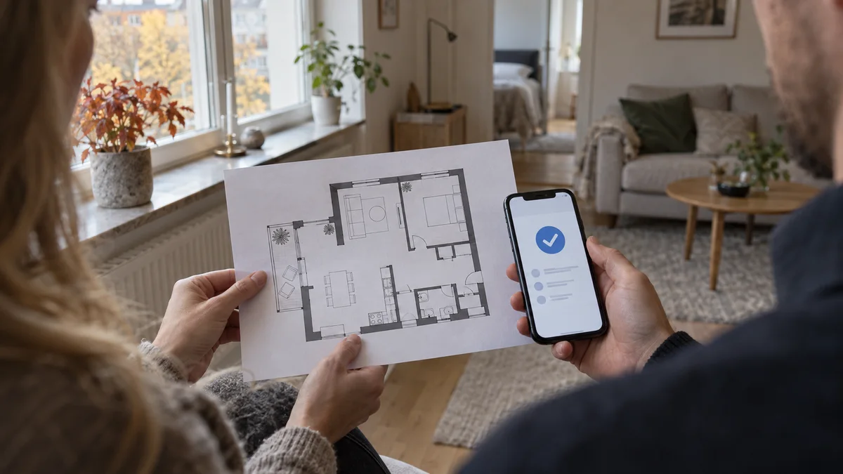 Bostadsspekulanter granskar en planritning och ett preliminärt mobilbesked under en svensk lägenhetsvisning