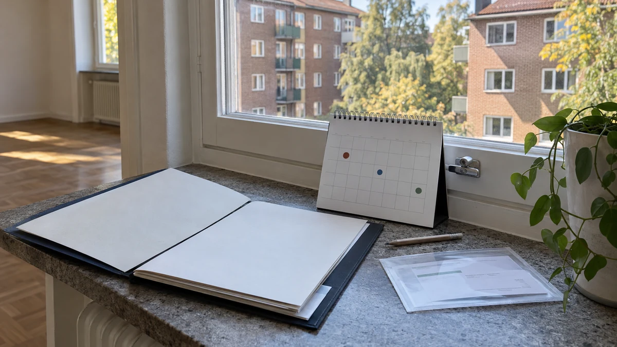Kontraktsmapp, kalender med markerade betalningstillfällen och betalningsunderlag i ett ännu tomt svenskt hem