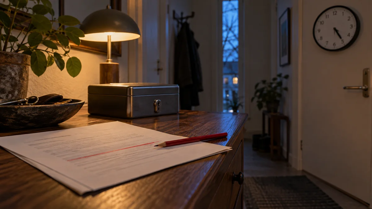 Privat lånehandling med en markerad ränterad och röd penna på en hallbyrå bredvid ett låst kassaskrin