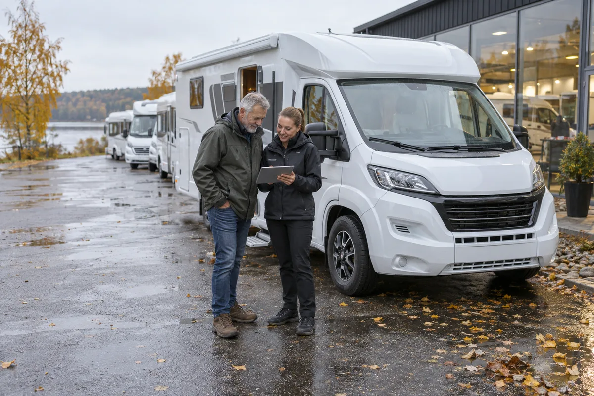 Köpare och rådgivare jämför finansieringsalternativ på en surfplatta bredvid en husbil hos en svensk återförsäljare