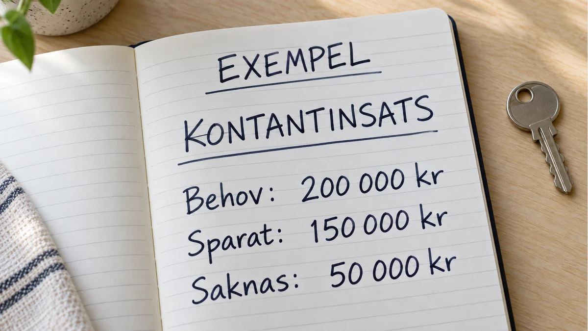 Budgetanteckning bredvid en bostadsnyckel med exemplet 200 000 kronor i insats, 150 000 kronor sparat och 50 000 kronor som saknas