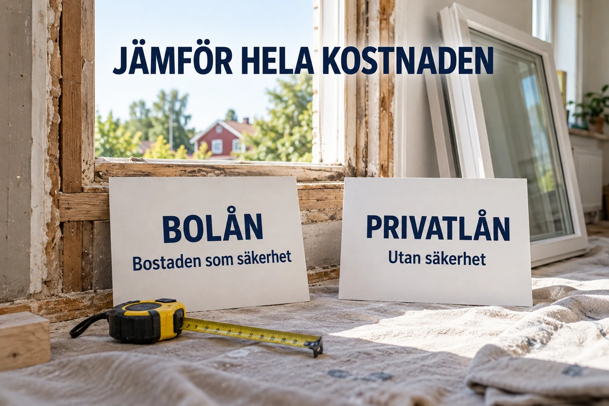 Två kort med texterna Bolån – Bostaden som säkerhet och Privatlån – Utan säkerhet står vid ett fönsterbyte, bredvid ett måttband och rubriken Jämför hela kostnaden