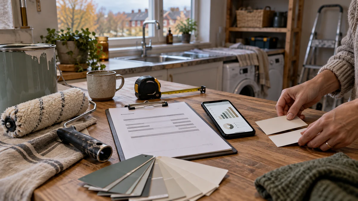 Projektkostnad, måttband och mobil med budgetdiagram vid en renovering i ett svenskt hem