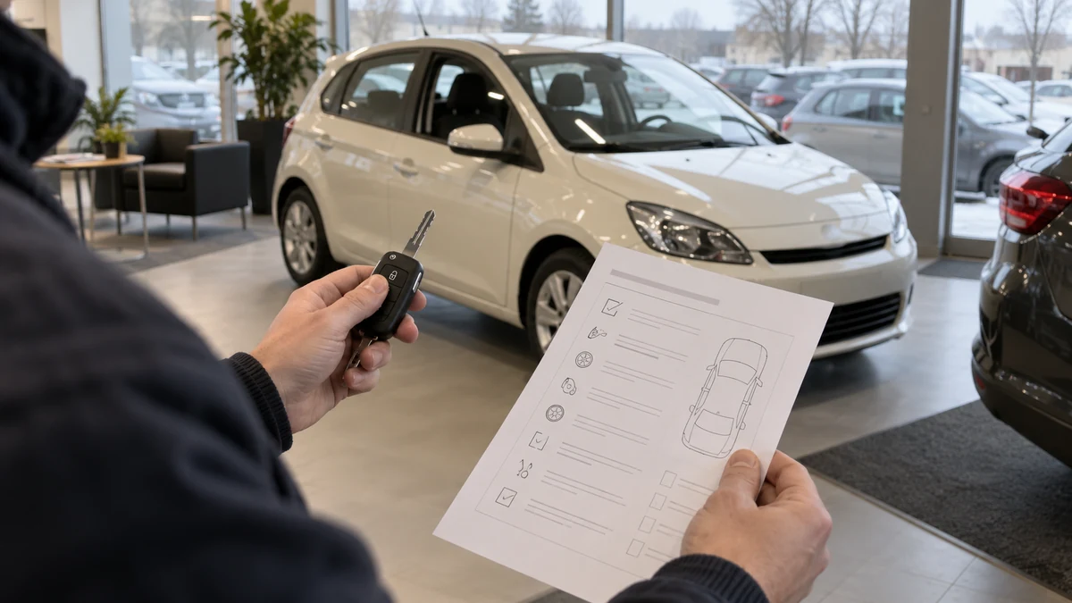 Bilköpare håller en kontrollista och en bilnyckel framför en begagnad bil i en svensk bilhall