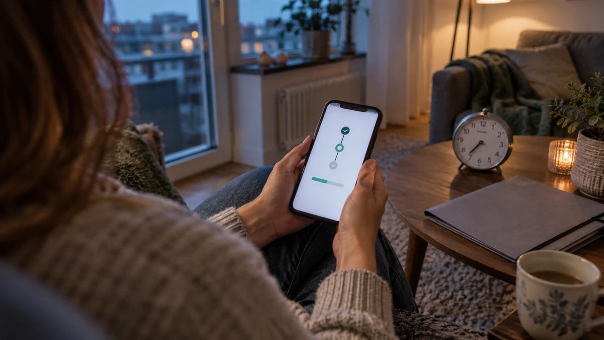 En person granskar ett symboliskt ansökningsförlopp på mobilen bredvid en klocka och en avtalsmapp i vardagsrummet