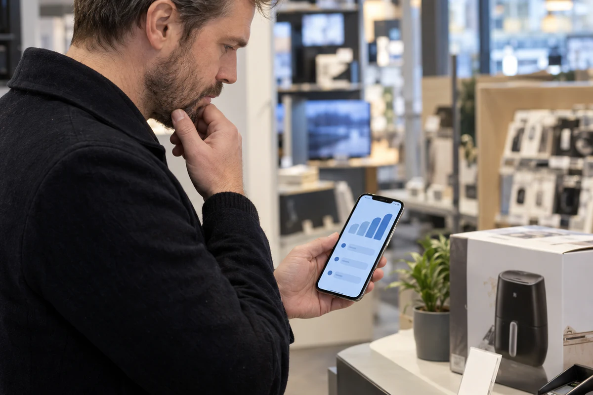 En kund i elektronikbutik granskar delbetalningsbelopp på mobilen bredvid en vara och kortterminal