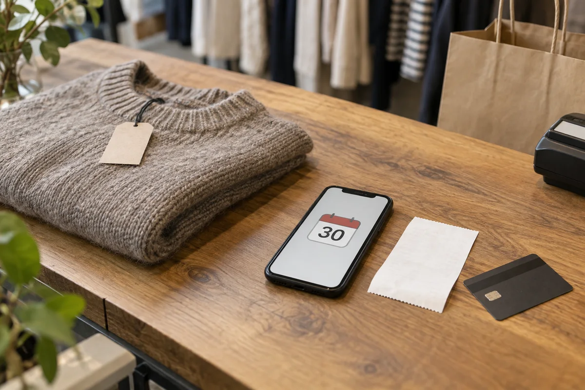 Stickad tröja, kvitto och mobil med kalenderdag 30 vid en obrandad svensk butikskassa
