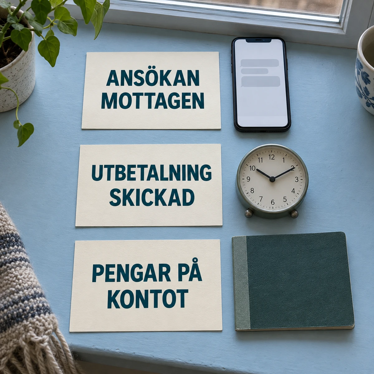 Tre stora kort på en ljusblå fönsterhylla visar Ansökan mottagen, Utbetalning skickad och Pengar på kontot bredvid en mobil, klocka och anteckningsbok