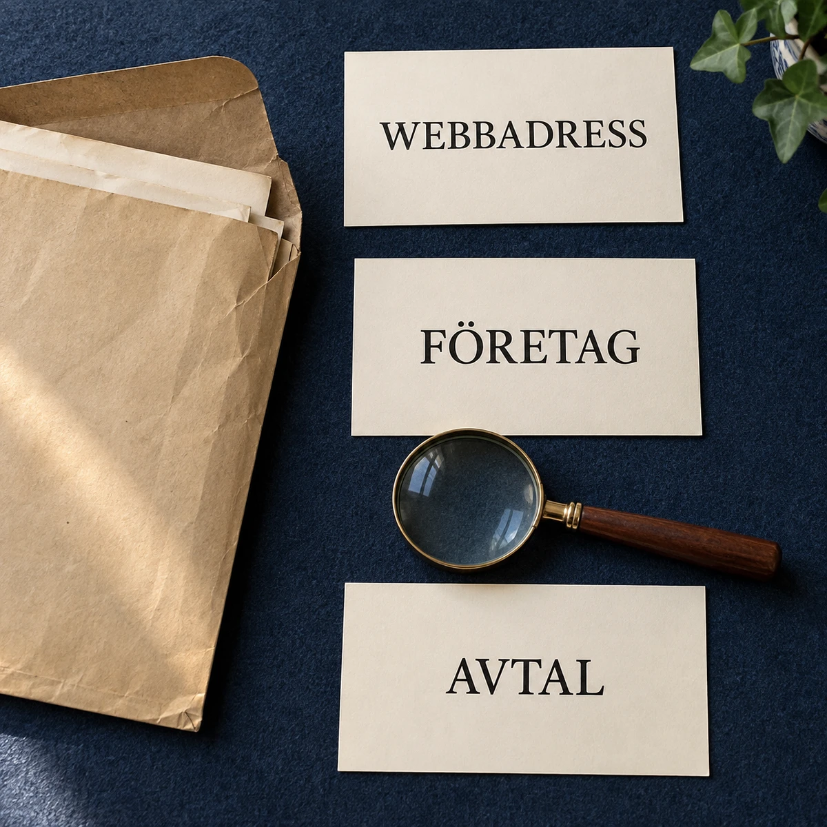 Tre stora kort märkta Webbadress, Företag och Avtal ligger med gamla kuvert och ett förstoringsglas på ett mörkblått underlag