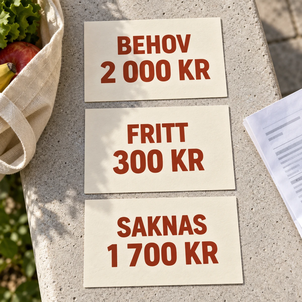Tre stora kort på en betongbänk visar ett illustrativt behov på 2 000 kr, 300 kr i fria pengar och 1 700 kr som saknas, bredvid en matkasse och en hopvikt räkning