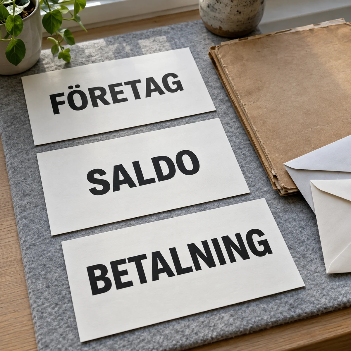 Tre stora kort märkta Företag, Saldo och Betalning ligger på grå filt bredvid en sliten avtalsmapp och två kuvert