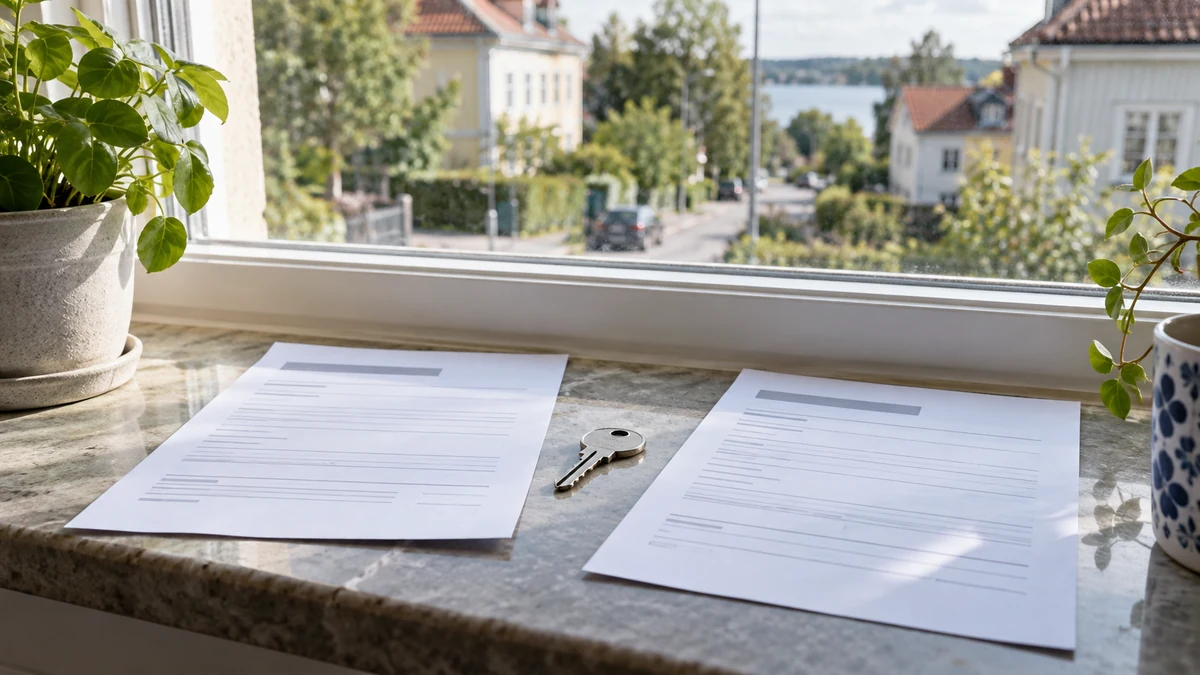 Två separata bolåneerbjudanden och en husnyckel på fönsterbrädan framför ett svenskt bostadsområde