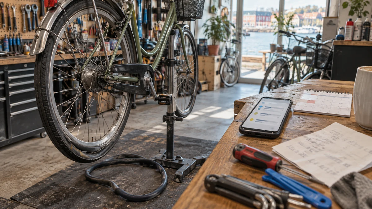 Punkterat cykeldäck i en svensk verkstad bredvid reparationskostnad och mobil med två lånealternativ att jämföra
