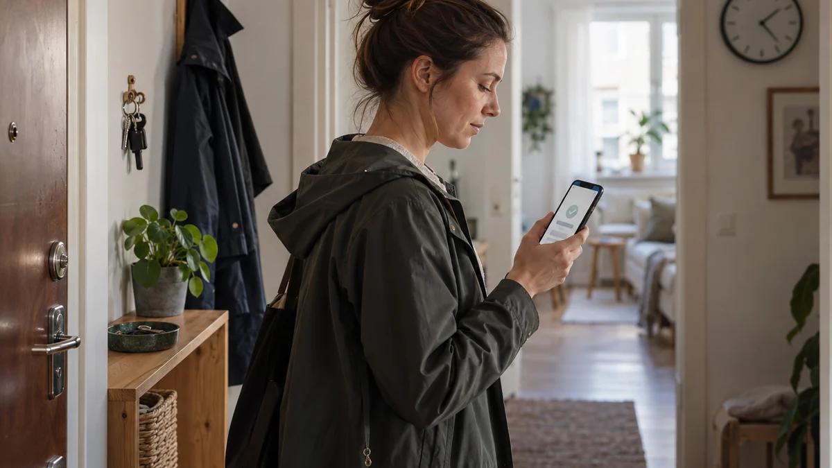 Kvinna i svensk lägenhet kontrollerar på mobilen om en banköverföring kommit in innan hon går ut
