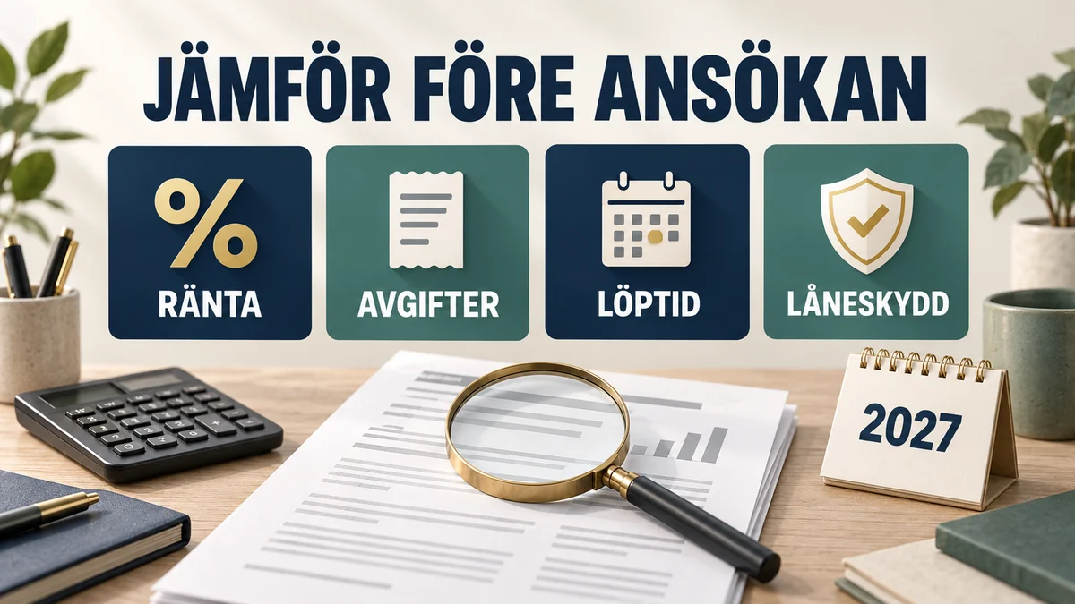 Infografik med förstoringsglas som visar att ränta, avgifter, löptid och låneskydd ska jämföras före en låneansökan 2027