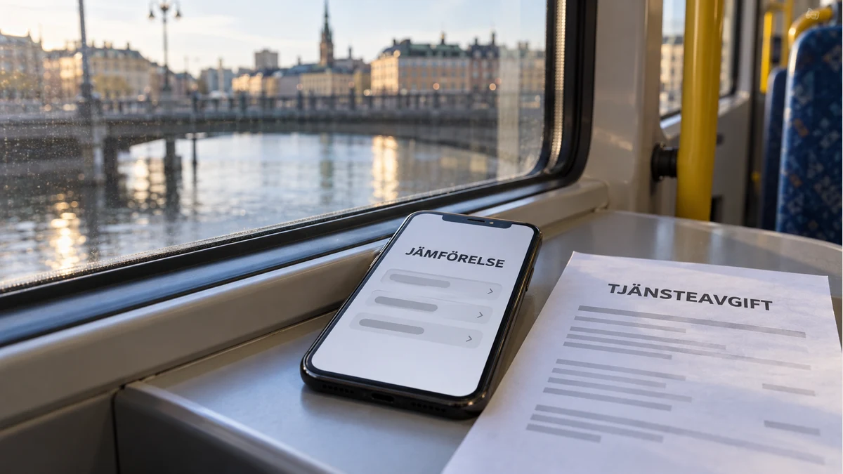 Mobil med texten Jämförelse och ett illustrativt papper märkt Tjänsteavgift på en spårvagns fönsterhylla i morgonljus