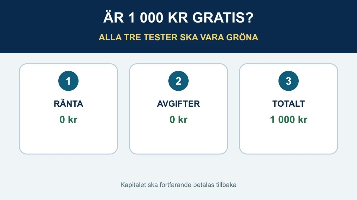Tre kontroller för ett gratis lån på 1 000 kronor: ränta noll, avgifter noll och totalt exakt 1 000 kronor