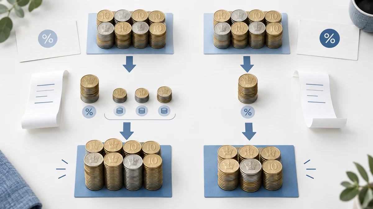 Visuell jämförelse av två lån på samma belopp där flera avgifter gör erbjudandet med lägre ränta dyrare totalt
