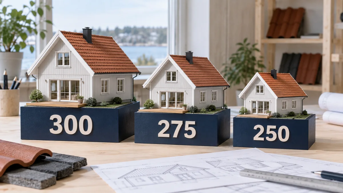 Tre svenska husmodeller märkta 300, 275 och 250 illustrerar hur ett lägre finansieringsbehov minskar månadsbetalning och total kostnad