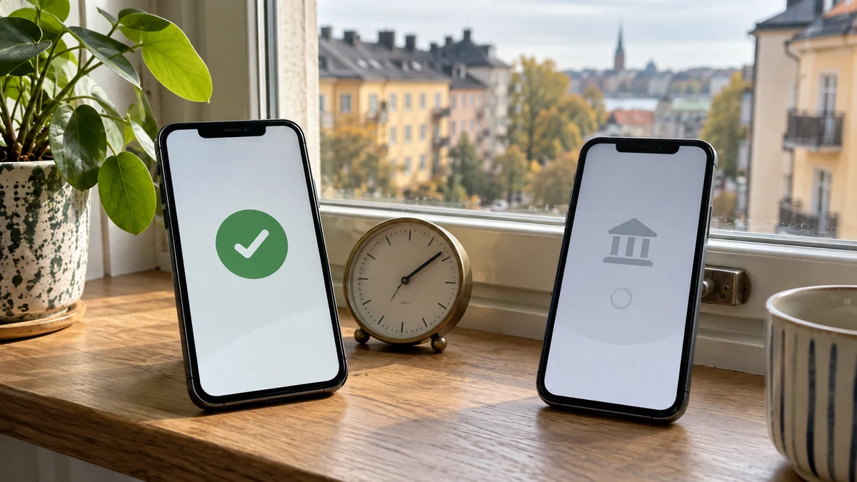 Två mobiler visar skilda steg för lånebesked och mottagarkonto bredvid en klocka på ett köksbord