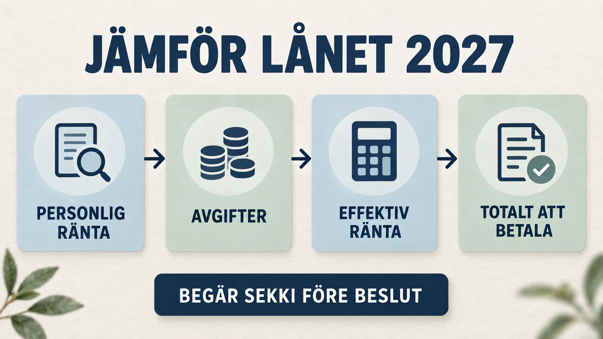 Fyra steg för att jämföra ett privatlån 2027: personlig ränta, avgifter, effektiv ränta och totalt att betala innan beslut