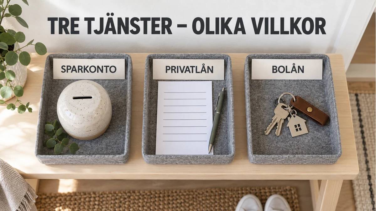 Tre filtbrickor med sparburk, betalningsplan och husnycklar märkta Sparkonto, Privatlån och Bolån på en björkbänk