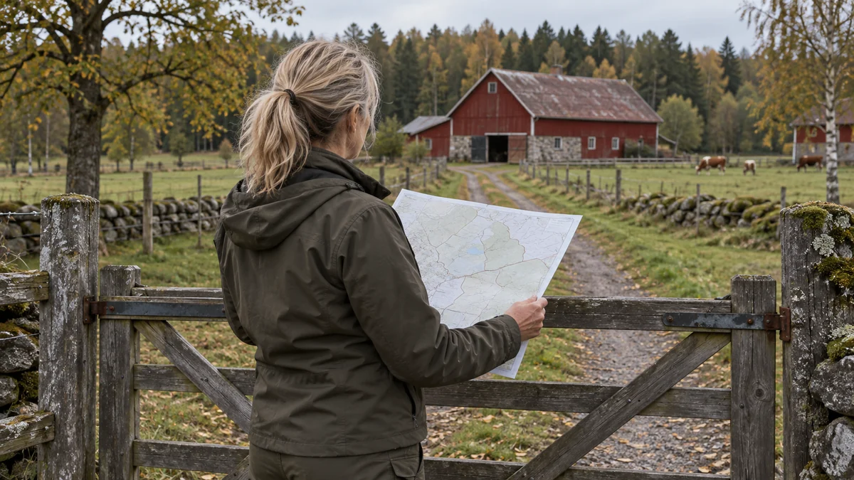 Kvinna i gröna friluftskläder granskar en fastighetskarta vid en gårdsgrind med röd ladugård och betesmark framför sig