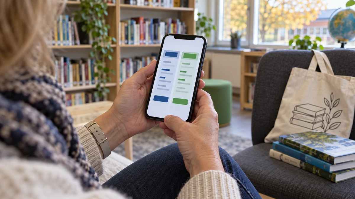 En lärare jämför två låneerbjudanden i mobilen i en svensk skolbiblioteksmiljö
