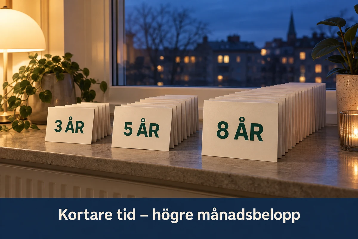 Tre dragspelsvikta betalningskalendrar märkta 3 år, 5 år och 8 år står på en fönsterbräda i skymningen med texten Kortare tid – högre månadsbelopp