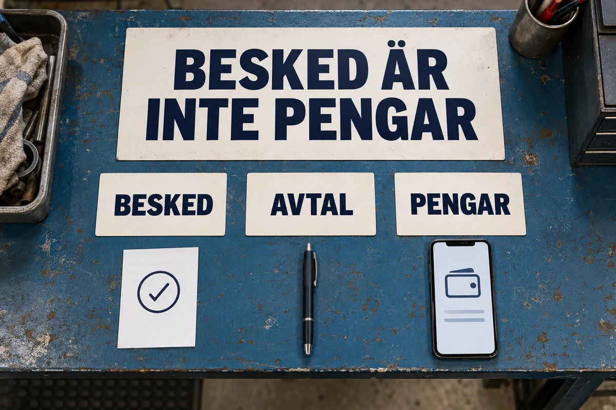 Tre kort märkta Besked, Avtal och Pengar ligger med en bekräftelse, penna och mobil på en blå verkstadsdisk under texten Besked är inte pengar