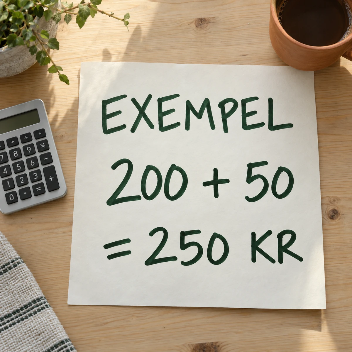 Kalkylator och en stor anteckning på ett ljust träbord med det illustrativa räkneexemplet 200 plus 50 är 250 kronor