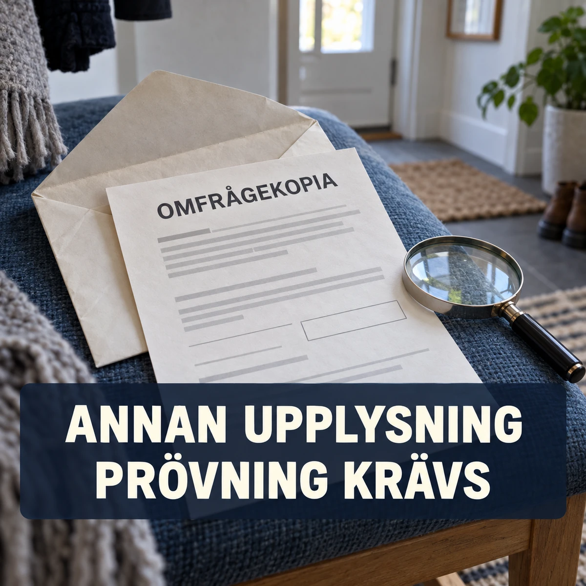 Fiktiv omfrågekopia med anonyma rader, öppet kuvert och förstoringsglas på en blå hallbänk, med den stora texten Annan upplysning – prövning krävs