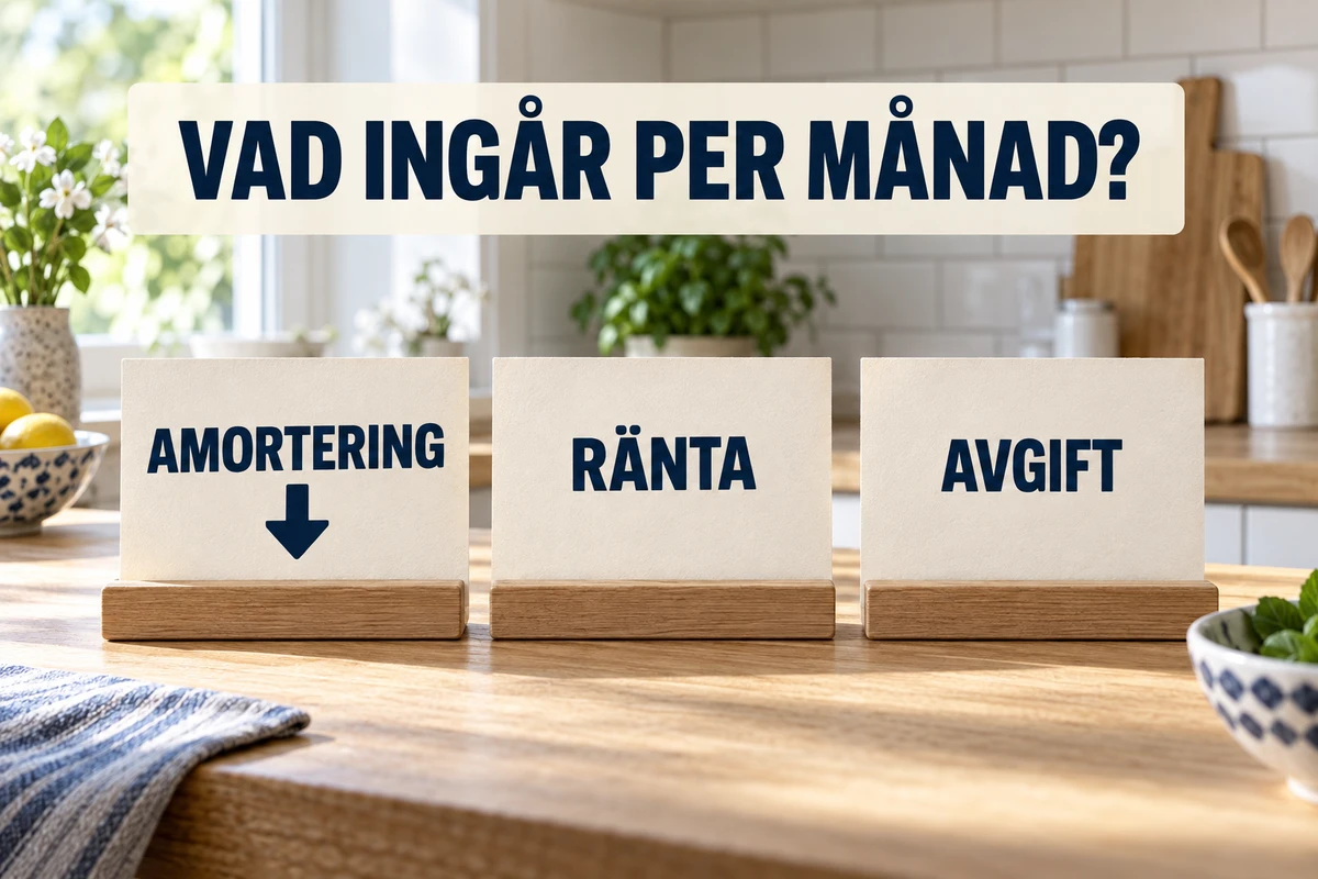 Tre stora kort märkta Amortering, Ränta och Avgift i träställ på en ljus köksbänk, med en nedåtpil under amortering och texten Vad ingår per månad?