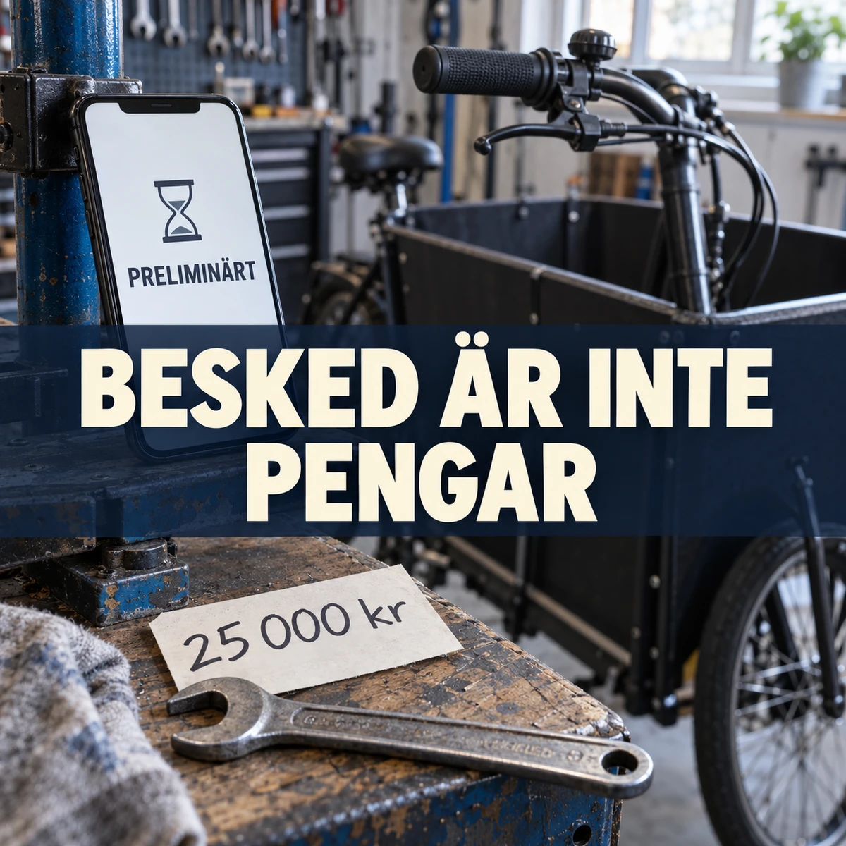 Mobil med timglas och ordet Preliminärt på ett verkstadsställ vid en lastcykel och lapp märkt 25 000 kr, med texten Besked är inte pengar