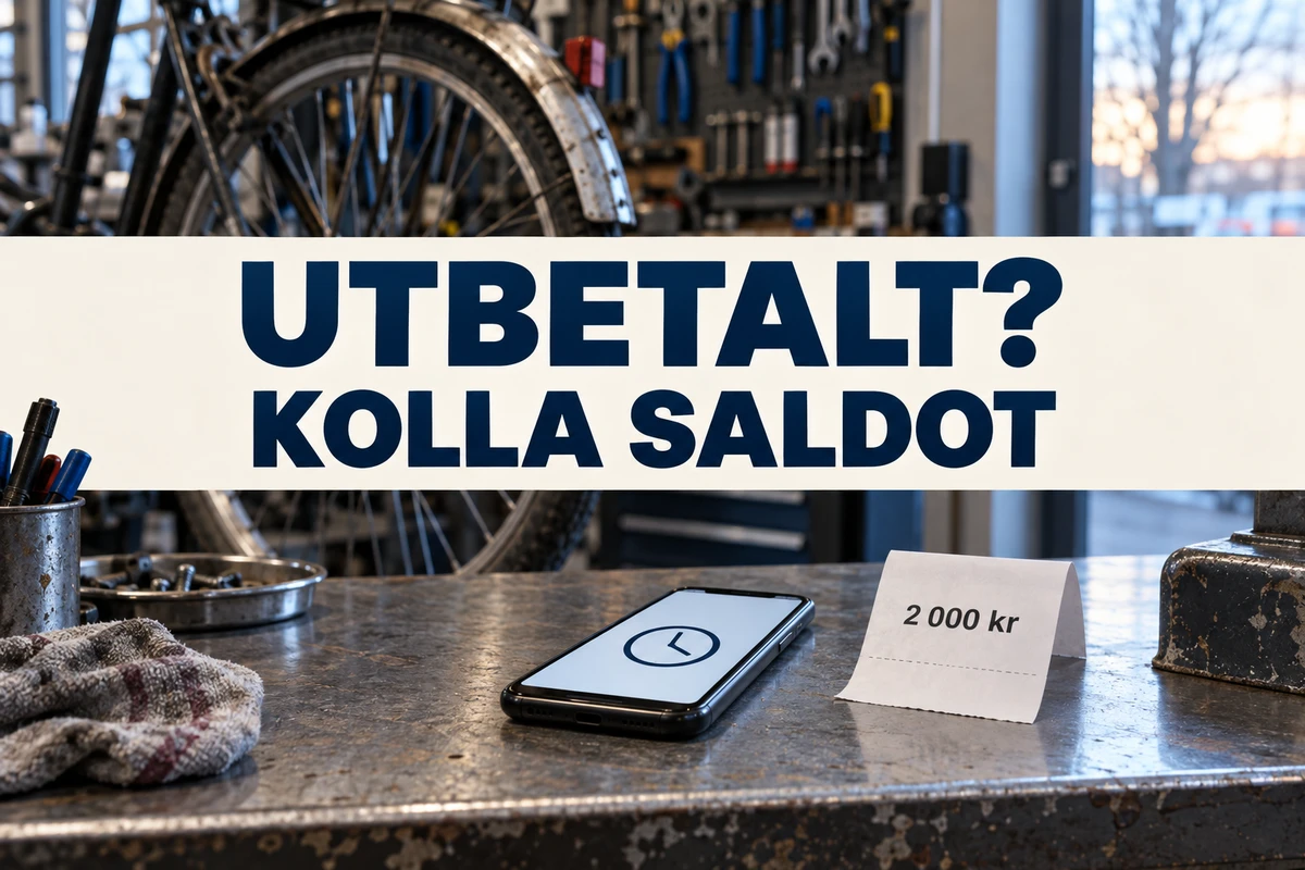 Mobil med en klocksymbol och en lapp på 2 000 kr på en cykelverkstads slitna disk, med den stora texten Utbetalt? Kolla saldot