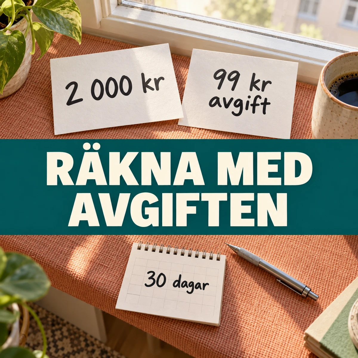 Illustrativa kort med 2 000 kronor, 99 kronor i avgift och 30 dagar på en aprikosfärgad yta vid ett fönster, med texten Räkna med avgiften