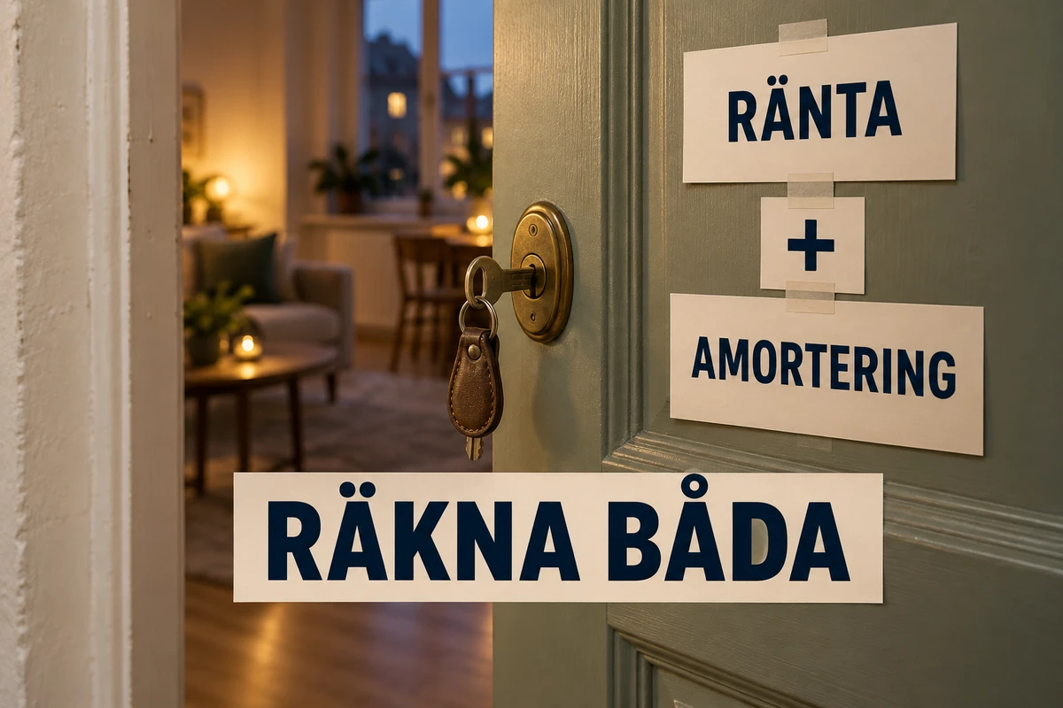 En nyckel i ett mässingslås på en grön lägenhetsdörr bredvid stora kort märkta Ränta och Amortering, med plustecken och texten Räkna båda