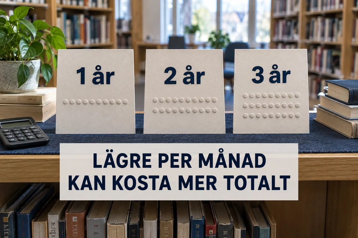 Tre stora kort märkta 1 år, 2 år och 3 år står på en bibliotekshylla med miniräknare och texten Lägre per månad kan kosta mer totalt