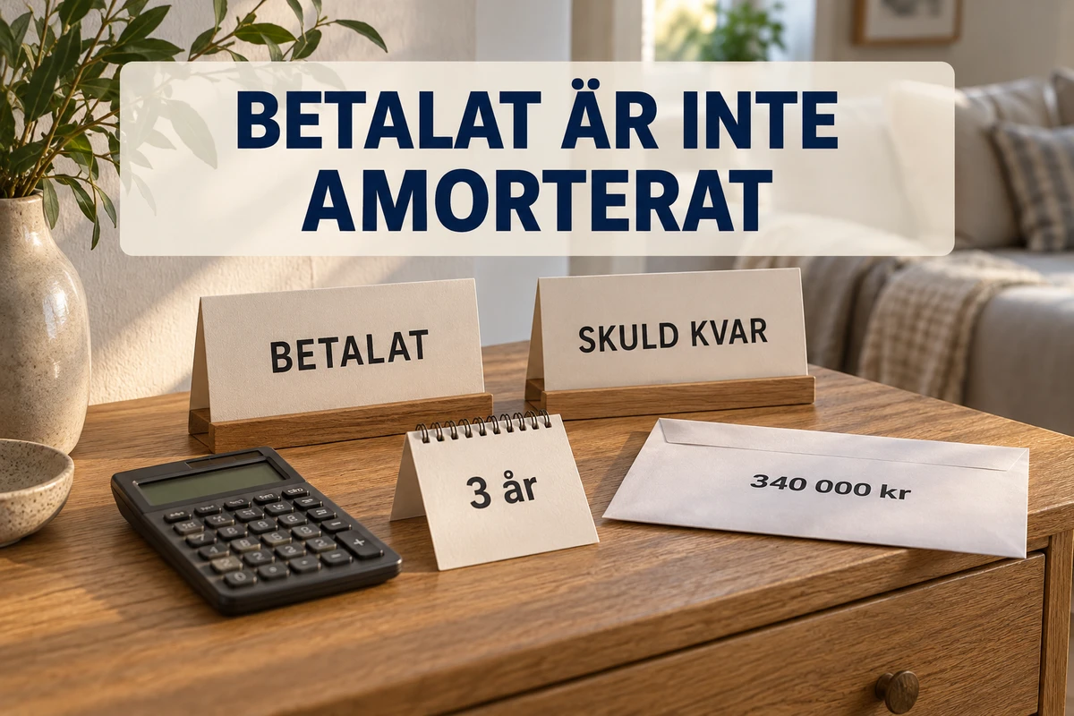 Kort märkta Betalat och Skuld kvar står på ett ekbord med miniräknare, kalenderkortet 3 år och ett lånekuvert på 340 000 kr, under texten Betalat är inte amorterat