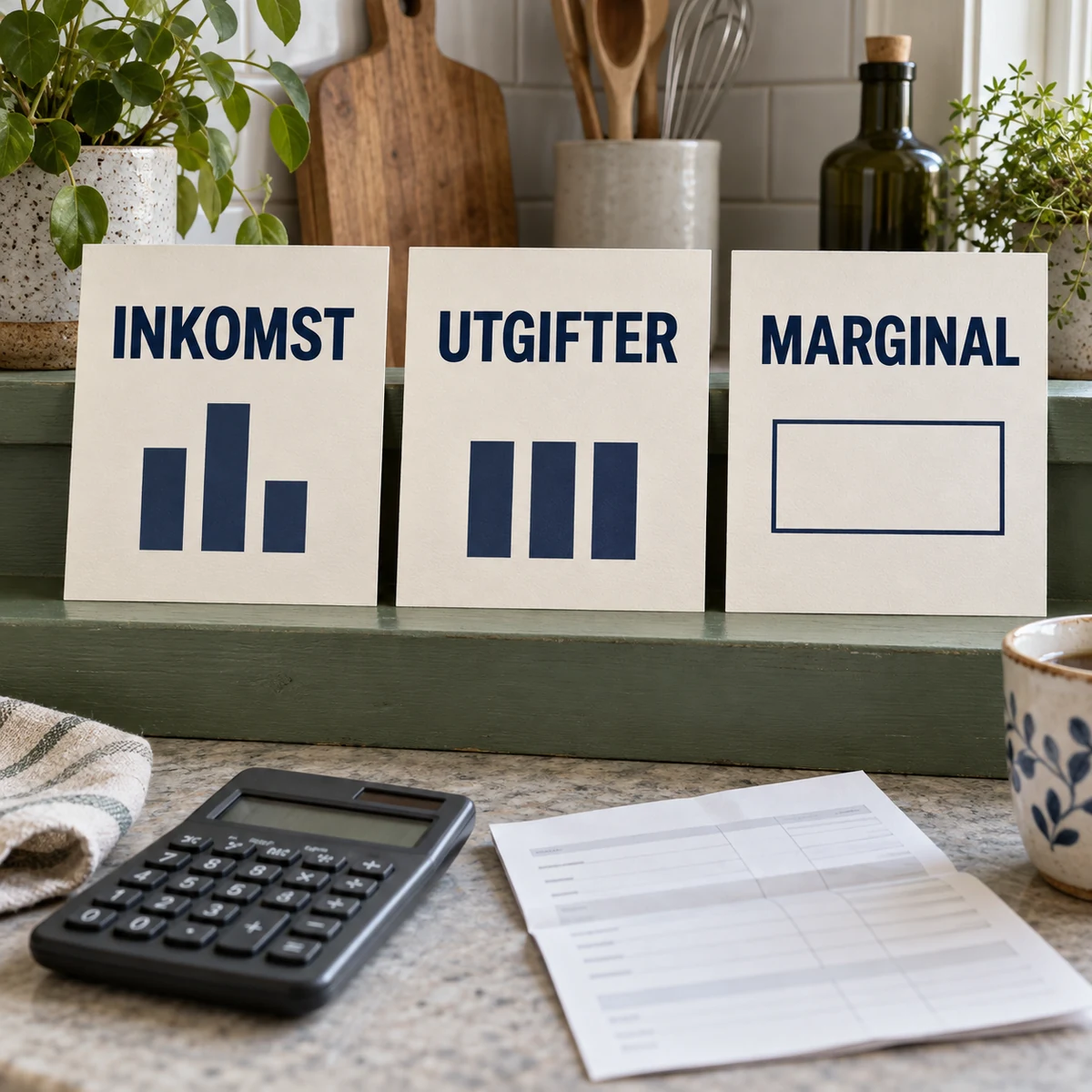Tre stora kort märkta Inkomst, Utgifter och Marginal på en grön hylla med varierande inkomststaplar och en miniräknare i ett ljust kök