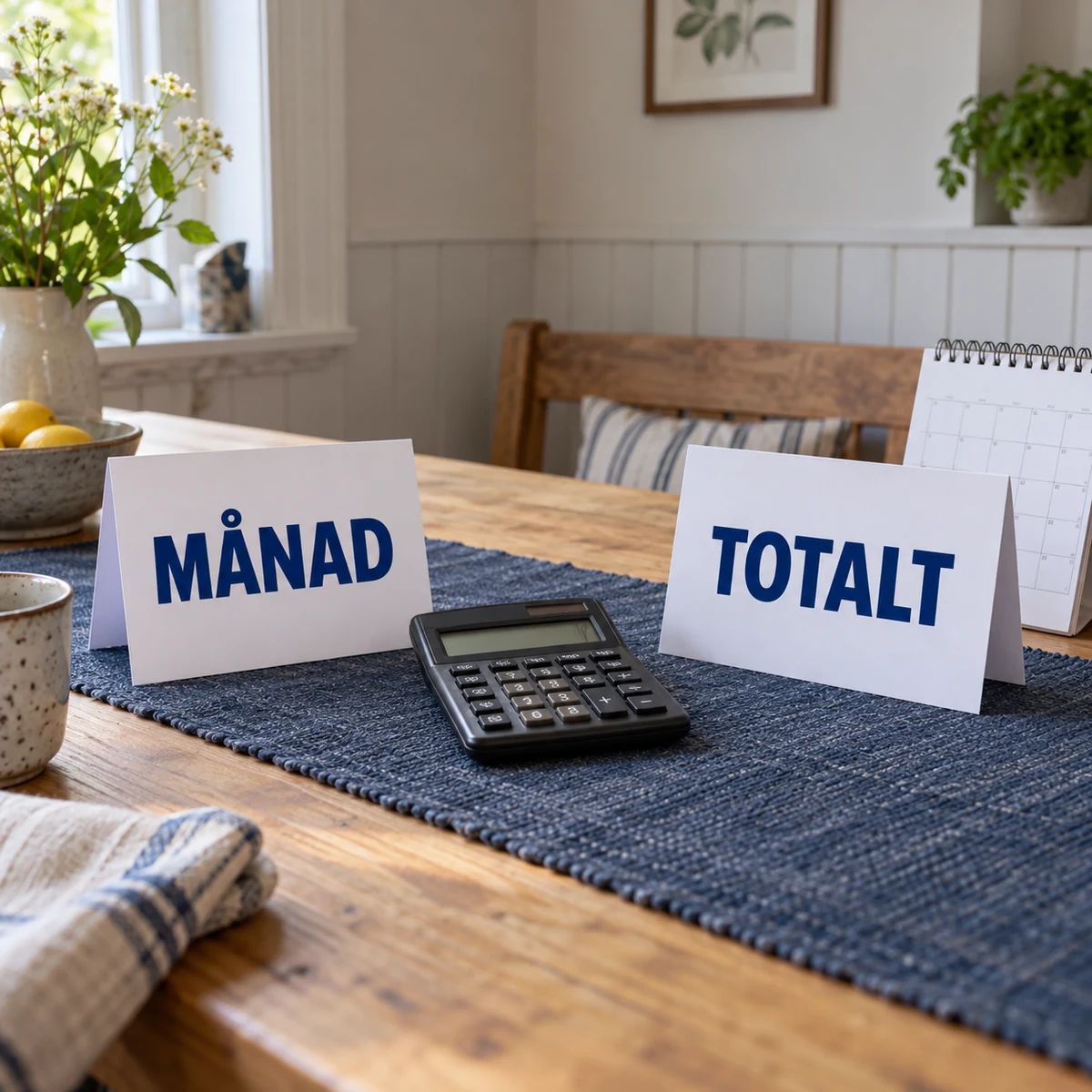 Två stora vita kort märkta Månad och Totalt står bredvid en miniräknare på en blå vävd löpare i ett ljust kök