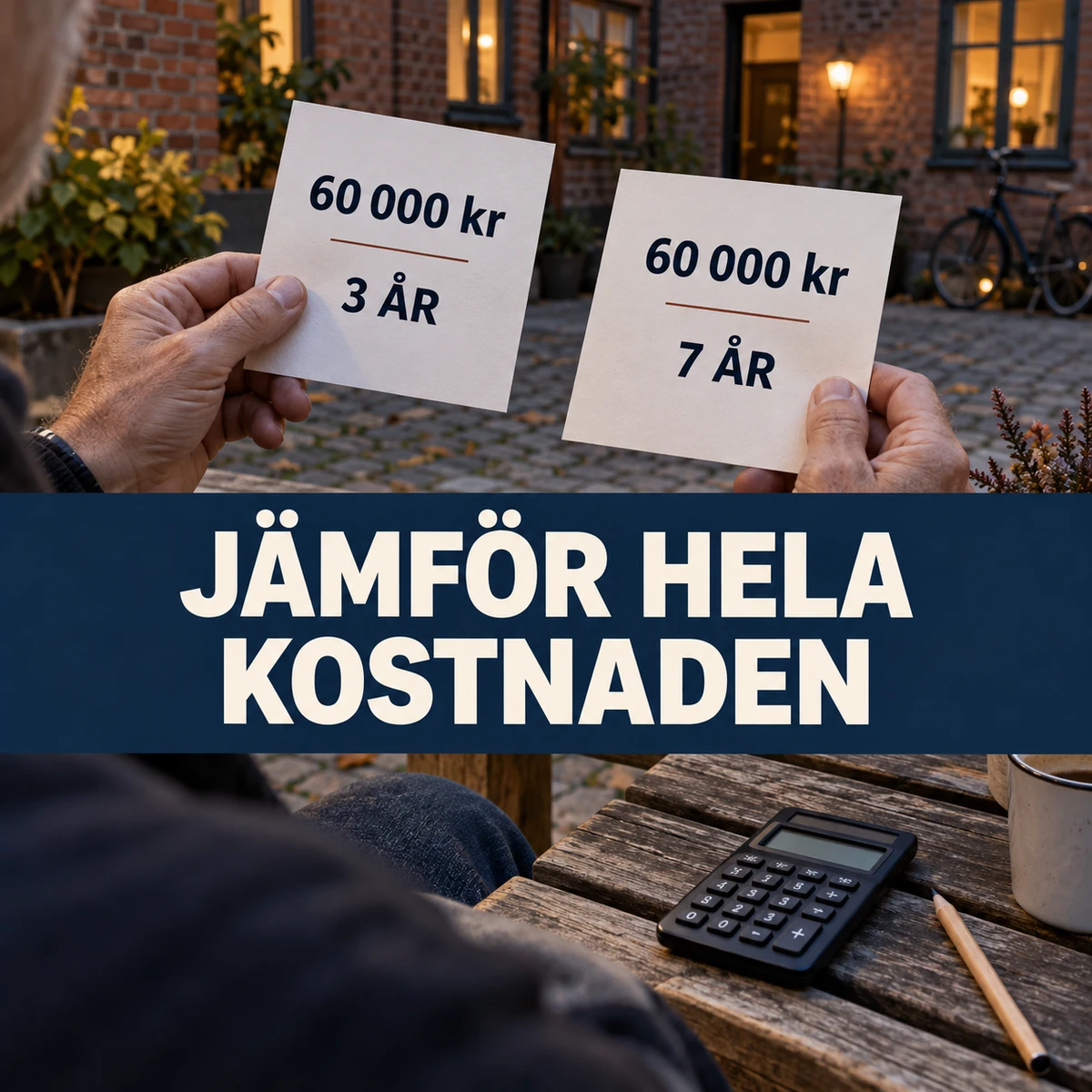 Händer jämför två illustrativa låneblad för 60 000 kronor med tre och sju års återbetalning på en träbänk, med texten Jämför hela kostnaden