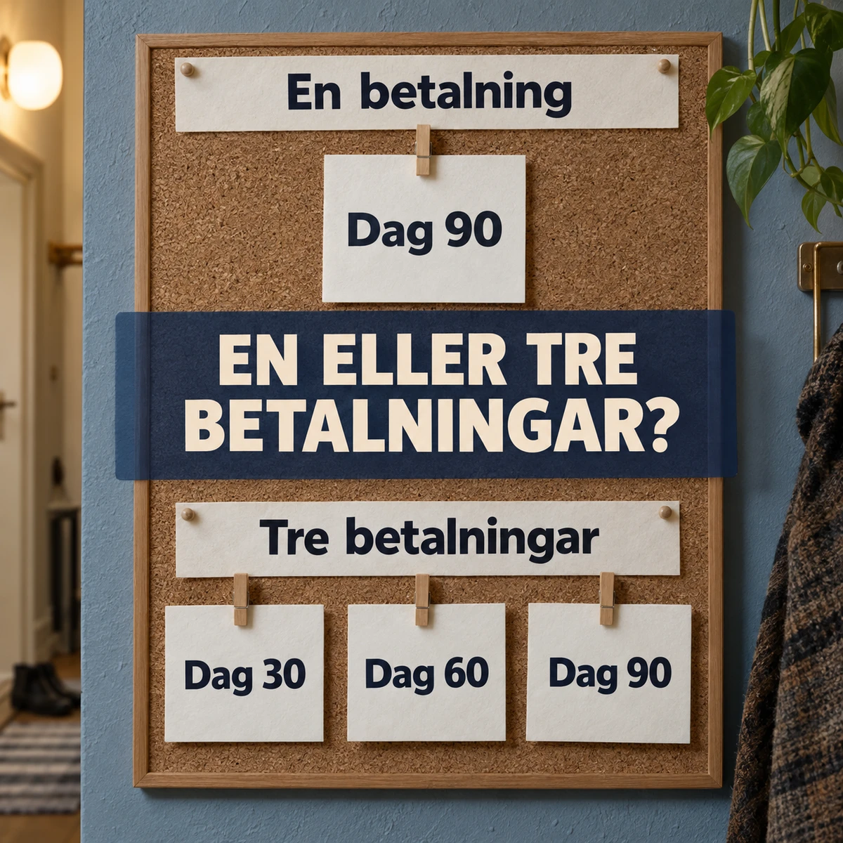Planeringstavla i en hall visar en betalning på dag 90 ovanför tre betalningar på dag 30, 60 och 90, med texten En eller tre betalningar?
