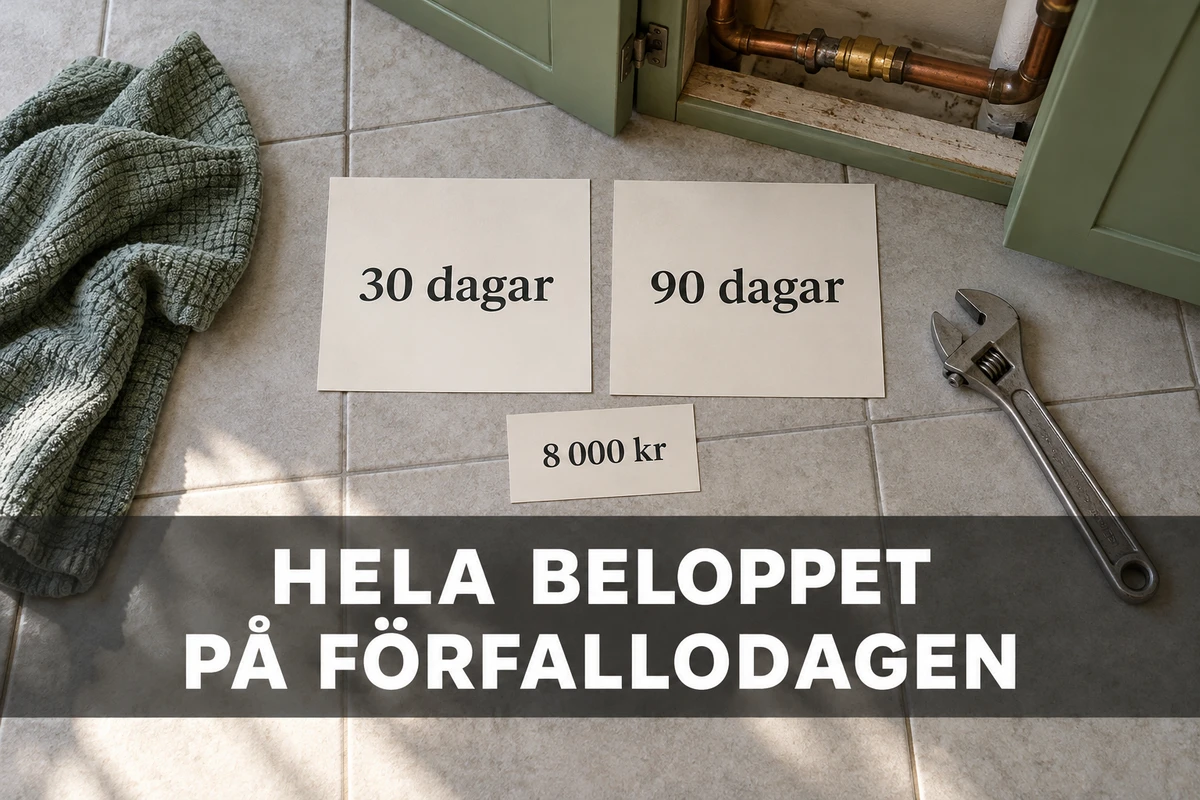 Kort märkta 30 dagar och 90 dagar samt en lapp på 8 000 kr bredvid skiftnyckel och kopparrör, med texten Hela beloppet på förfallodagen