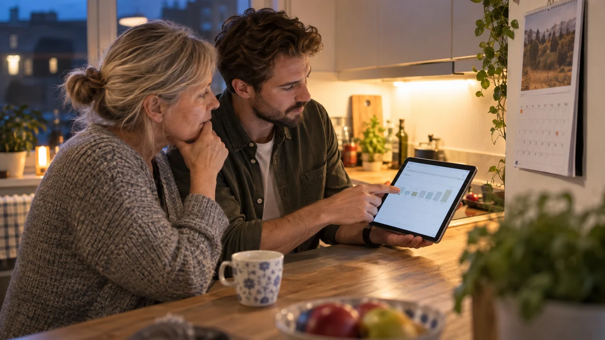 Två vuxna granskar en betalningsöversikt tillsammans vid ett köksbord