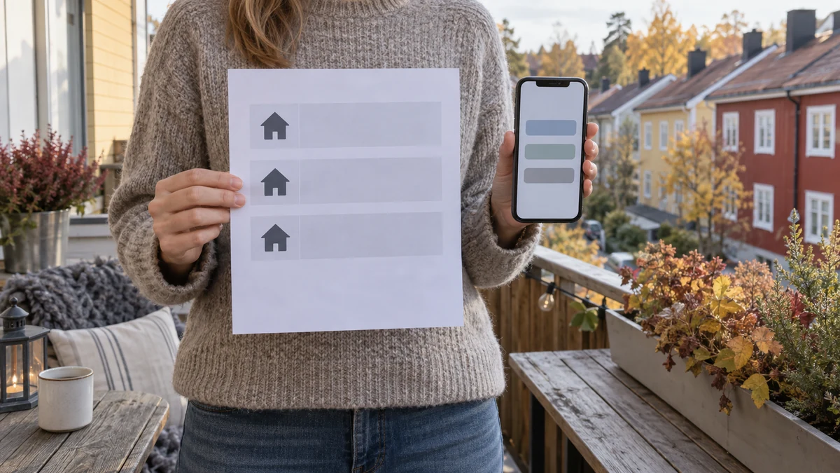 Händer granskar en neutral bolåneöversikt med tre jämförelserader och en enkel mobilgraf på en svensk balkong